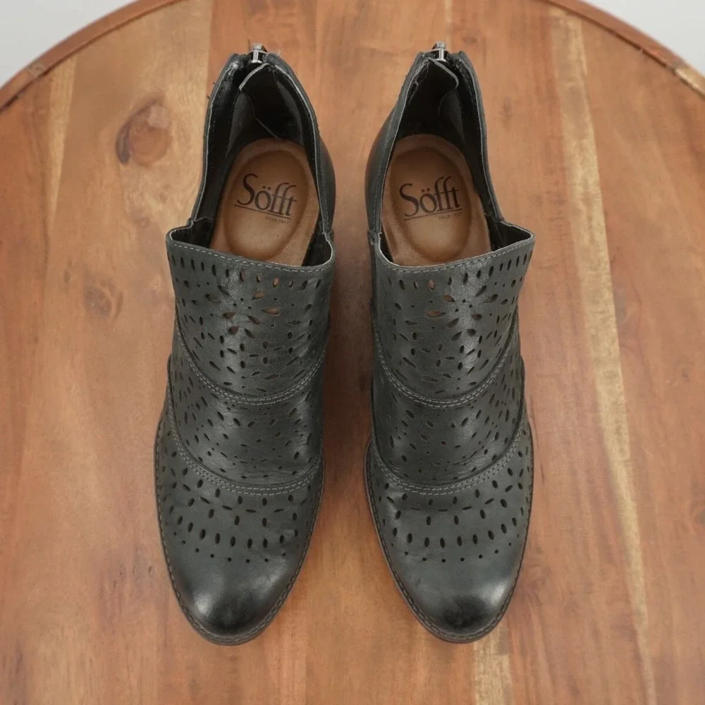 Sofft Black Perforated Leather Ankle Booties with Wood Block Heel